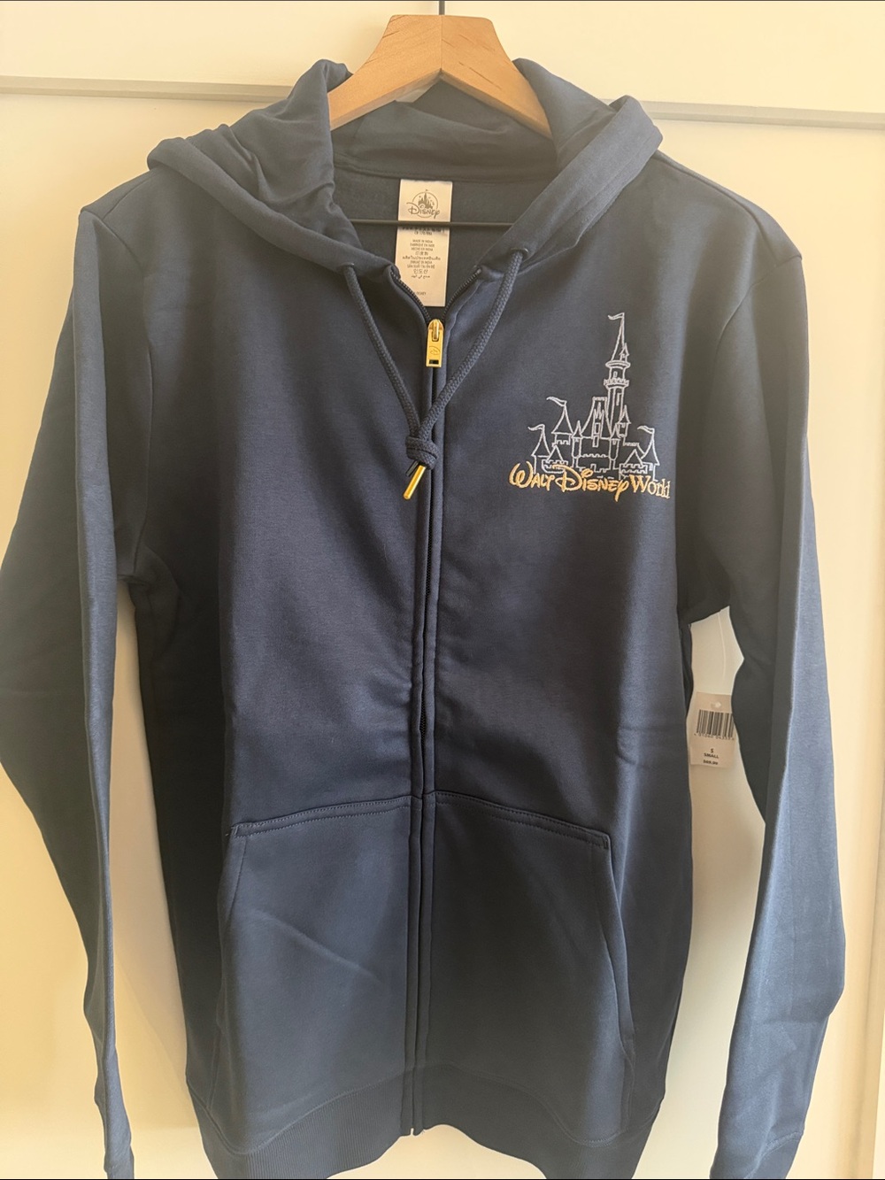 Disney Navy Blue Zip-Up Hoodie with Castle Embroidery